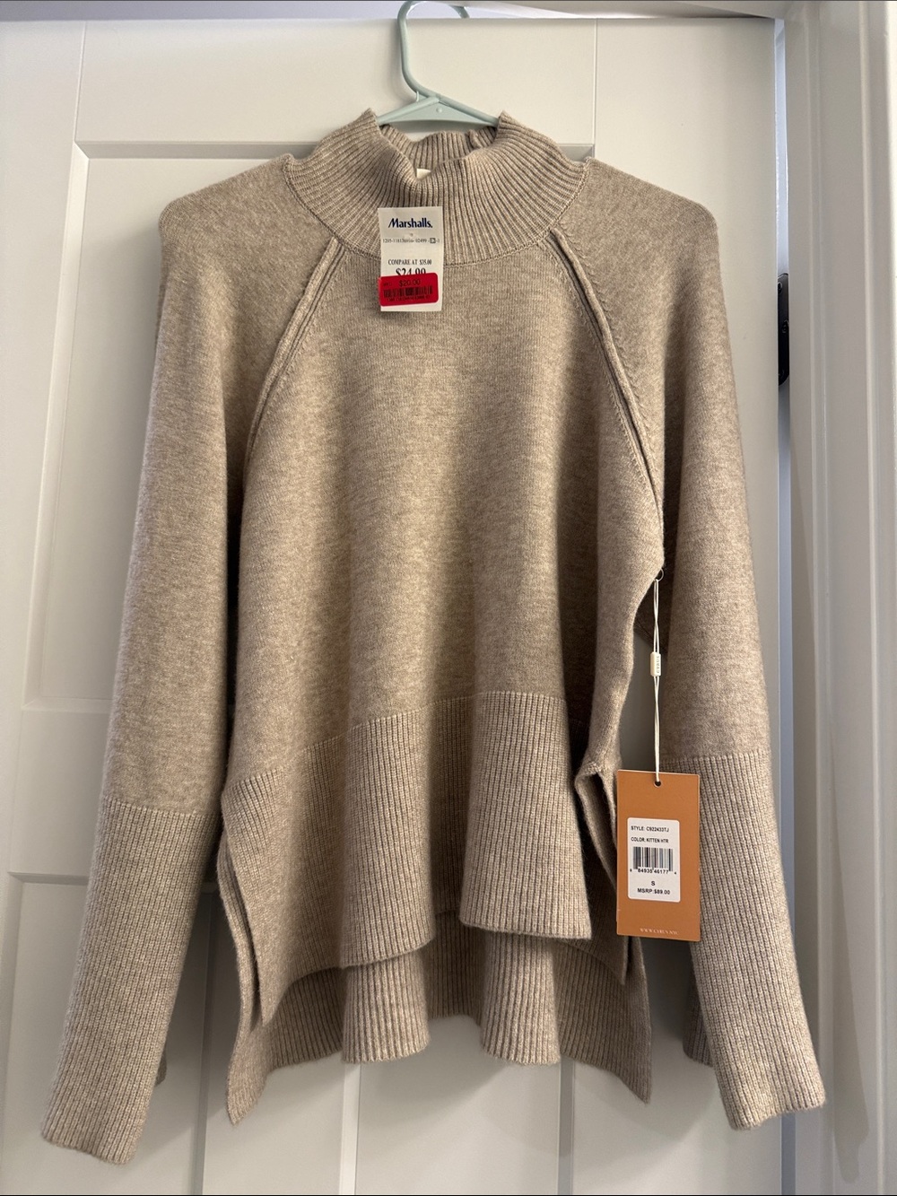 Cyrus Beige Funnel Neck Ribbed-Hem Sweater